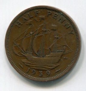 Монета Великобритания 1/2 пенни 1939 ГЕОРГ VI