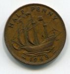 Монета Великобритания 1/2 пенни 1945